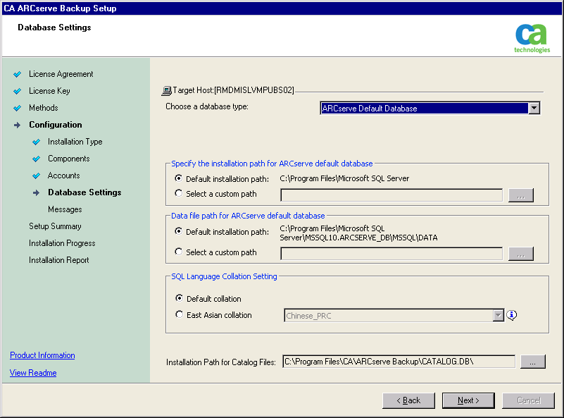 Setup: Database Settings dialog.