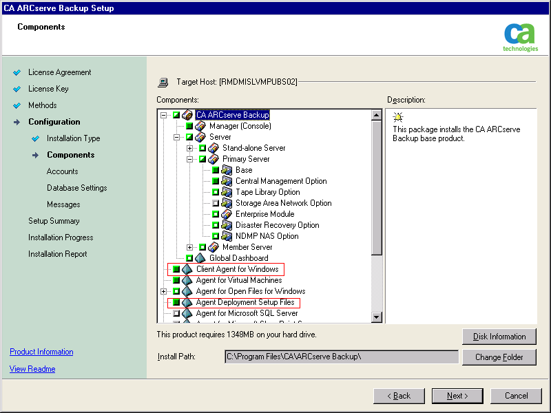 Setup: Components dialog - Client Agent for Windows and Agent Deployment Packages are highlighted.