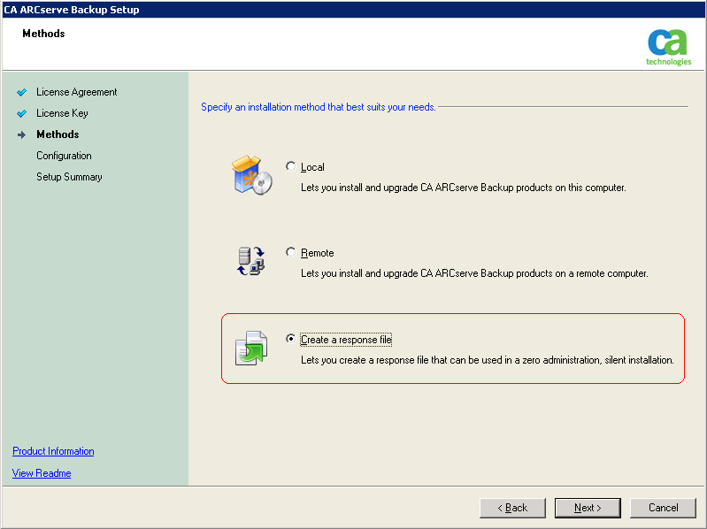 Setup: Methods - Create a response file is specified.
