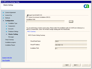 Setup: Cluster Settings Dialog.