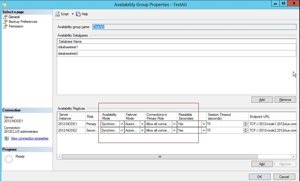 SQL Server Availability Group Properties screen.