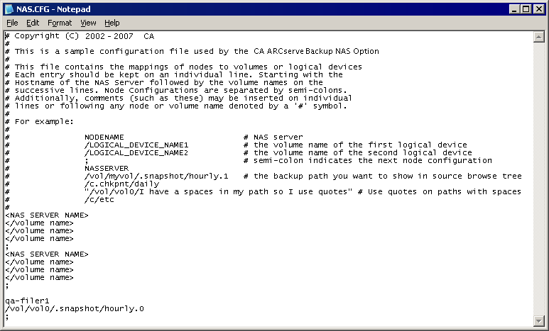 Illustration showing nas.cfg file to back up a partial volume consisting of database files