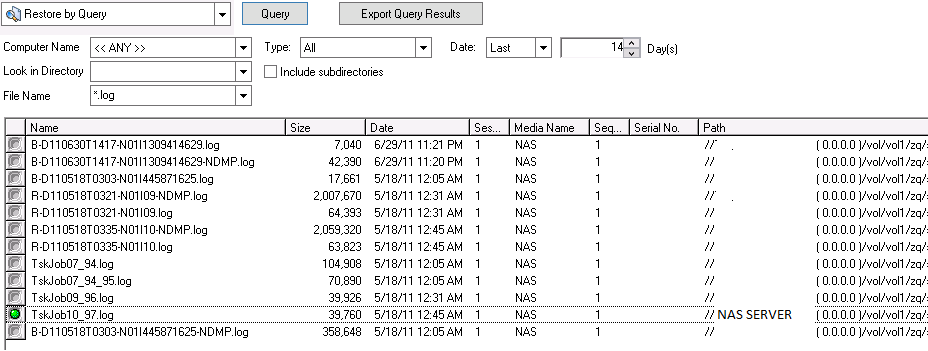 Restore by Query results for a NAS device.