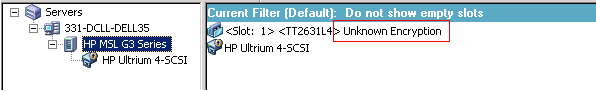 Device Manager. The tape name displays "Unknown Encryption" because the media is controllled by SKM.