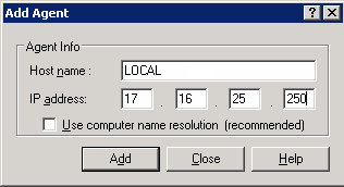 Add Agent Dialog. The host Name is Local and the IP address is specified.