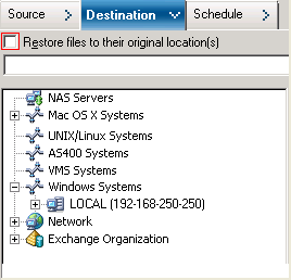 Restore Manager Window and the Destination tab is selected. Restore files to their original location is highlighted.