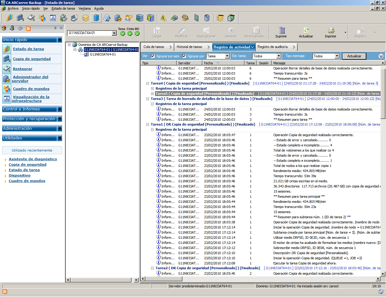Gestor del estado de la tarea. Se selecciona un servidor de organizador de datos y contiene detalles de la tarea en la ficha Registro de actividades.