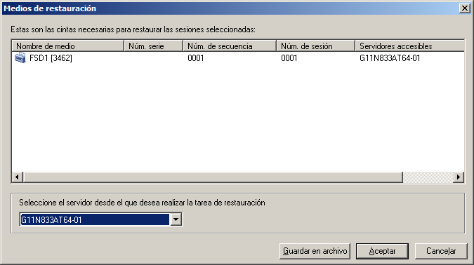 Cuadro de diálogo Medios de restauración. La lista desplegable Seleccione el servidor desde el que desea realizar la tarea de restauración muestra una lista de los servidores de copia de seguridad.