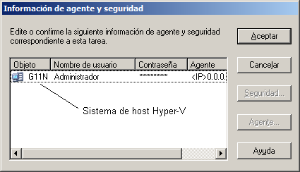 Cuadro de diálogo de agente y seguridad. Inicio de sesión en el sistema de host de Hyper-V.