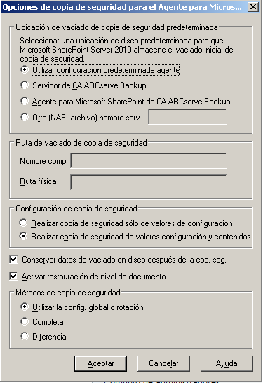 Cuadro de diálogo Opciones de copia de seguridad en SharePoint 2010