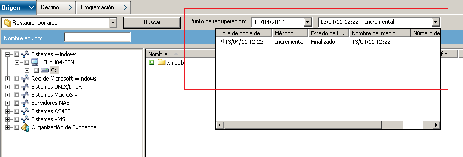 Seleccione un origen para enviar a una tarea Restauración a un momento dado