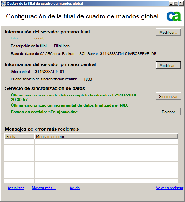 Configuración de la filial de cuadro de mandos global