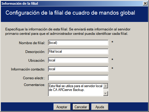 Modificar configuración de la filial de cuadro de mandos global