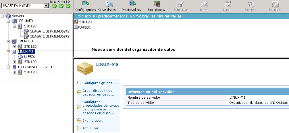 Gestor de dispositivos. El árbol de directorio de servidores contiene un servidor de organizador de datos nuevo.