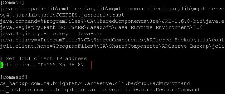 Elimine la sintaxis de comentario de "jcli.client.IP=" para configurar la dirección IP específica.