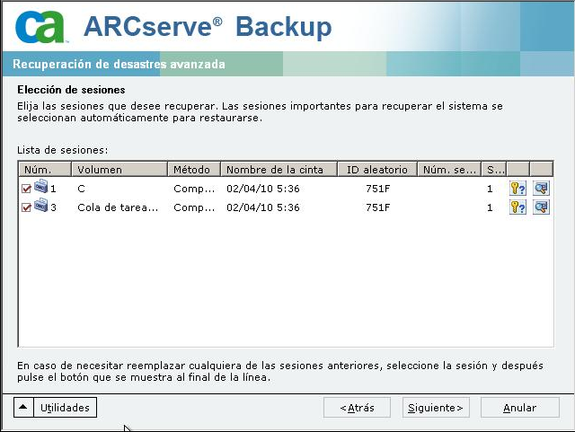 Elegir la sesión que se desea restaurar