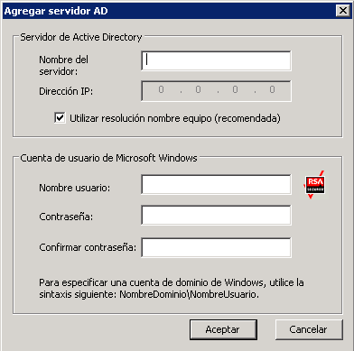 Cuadro de diálogo Agregar servidor AD