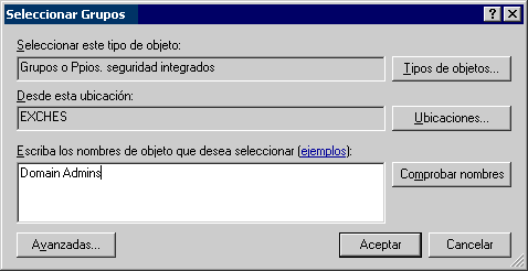 Selección de grupos que muestran administradores de dominio