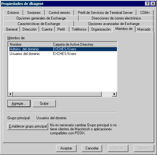 Propiedades del agente de base de datos que muestra la ficha Miembro de