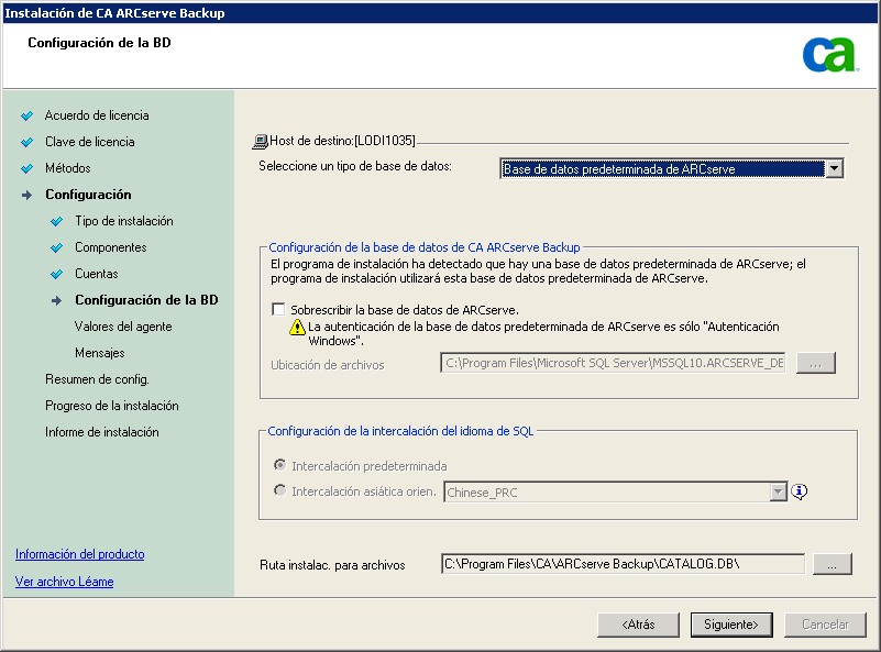 Configuración: Cuadro de diálogo Configuración de la base de datos