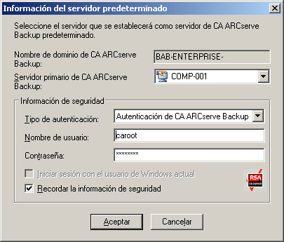 Cuadro de diálogo Información de servidor predeterminado.
