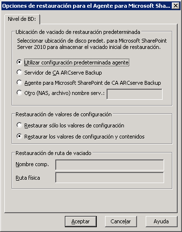 Opciones de restauración del Agente en SharePoint 2010