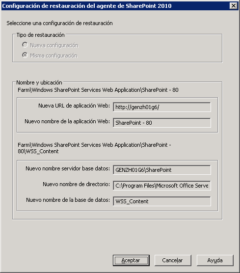 Cuadro de diálogo Valores de configuración de la restauración en SharePoint Server 2010