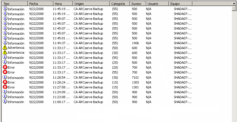 Visor de sucesos de Windows que muestra los códigos de evento de CA ARCserve Backup