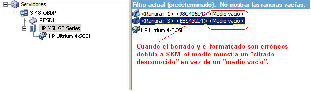 Gestor de dispositivos. Se muestra Cifrado desconocido cuando intenta borrar medios controlados por SKM.