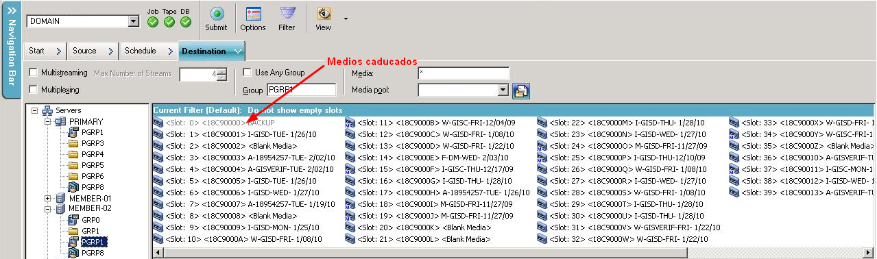 Ficha Destino del gestor de copia de seguridad. El medio resaltado ha caducado.