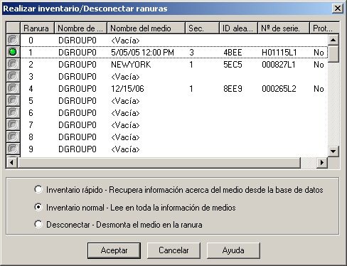 Cuadro de diálogo Realizar inventario/Desconectar ranuras Se especifica Inventario normal: lee en toda la información de medios.
