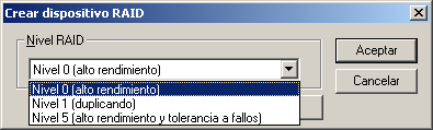 Cuadro de diálogo Crear dispositivo RAID. Se selecciona el nivel 0 (rendimiento alto).