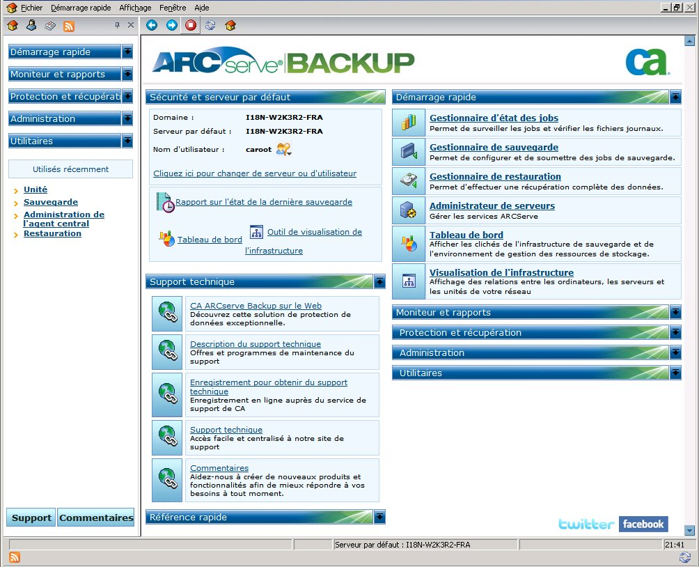 Page d'accueil de CA ARCserve Backup