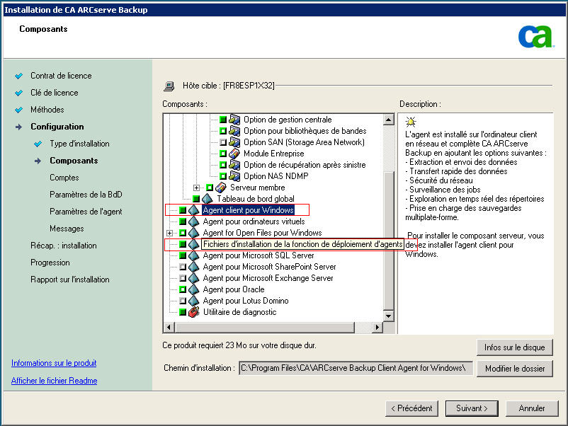 Configuration : Boîte de dialogue Composants - Les agent client pour Windows et packages de déploiement d'agents sont mis en surbrillance.
