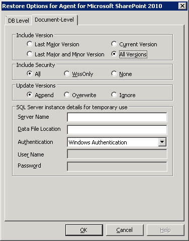 Boîte de dialogue Option de restauration de niveau document dans SharePoint 2010