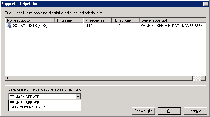 Finestra di dialogo Supporti di ripristino È possibile ripristinare i dati di cui è stato eseguito il backup nelle periferiche condivise su SAN direttamente dal server primario o dal server B dell'utilità di spostamento dati.