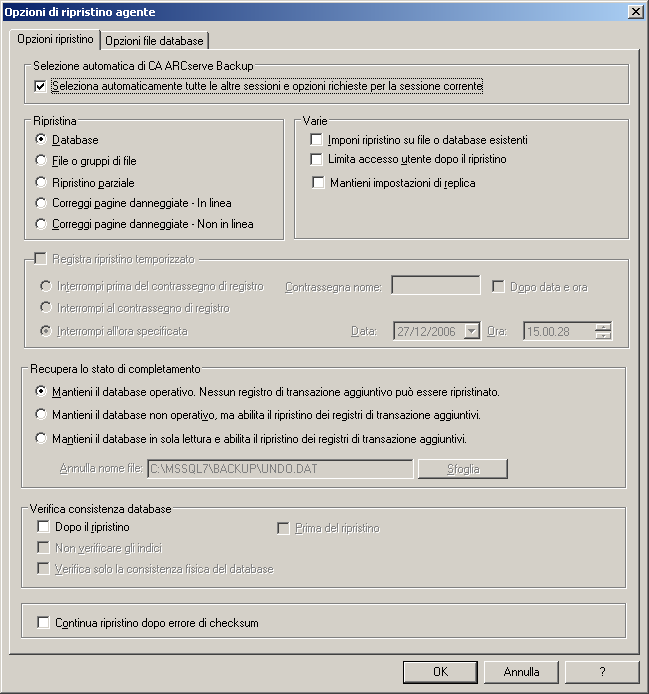 La finestra di dialogo Opzioni di ripristino agente può essere aperta tramite Gestione ripristino di CA ARCserve Backup.