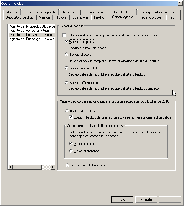 Opzioni globali, scheda Opzioni agente
