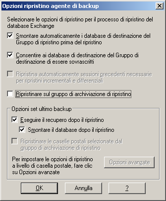 Finestra di dialogo Opzioni di ripristino agente di backup per Exchange Server 2010