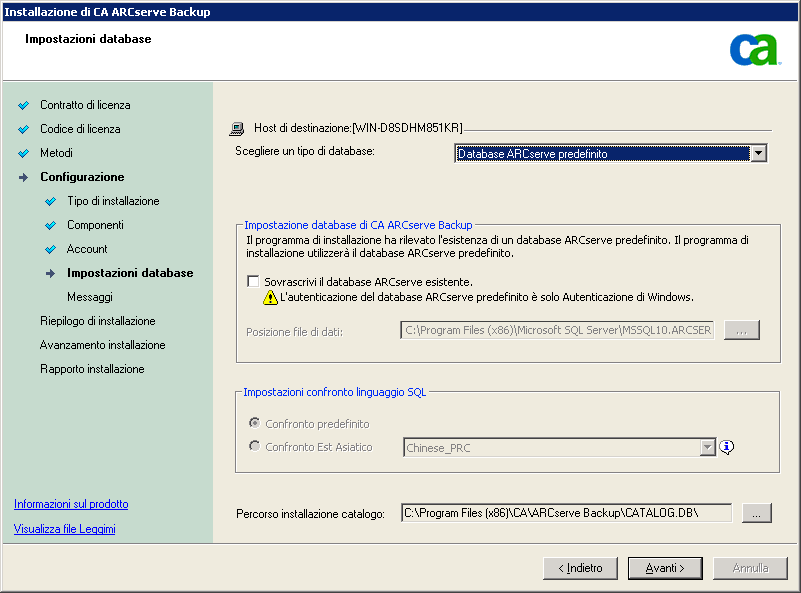 Finestra di dialogo Programma di installazione: Impostazioni database