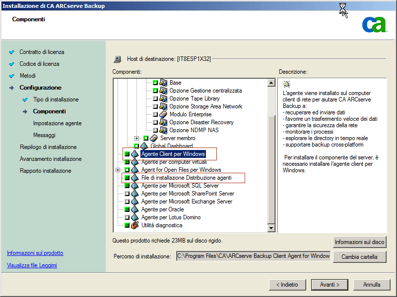 Finestra di dialogo Programma di installazione: Componenti. Vengono evidenziati i pacchetti di Agente client per Windows e Distribuzione agenti.