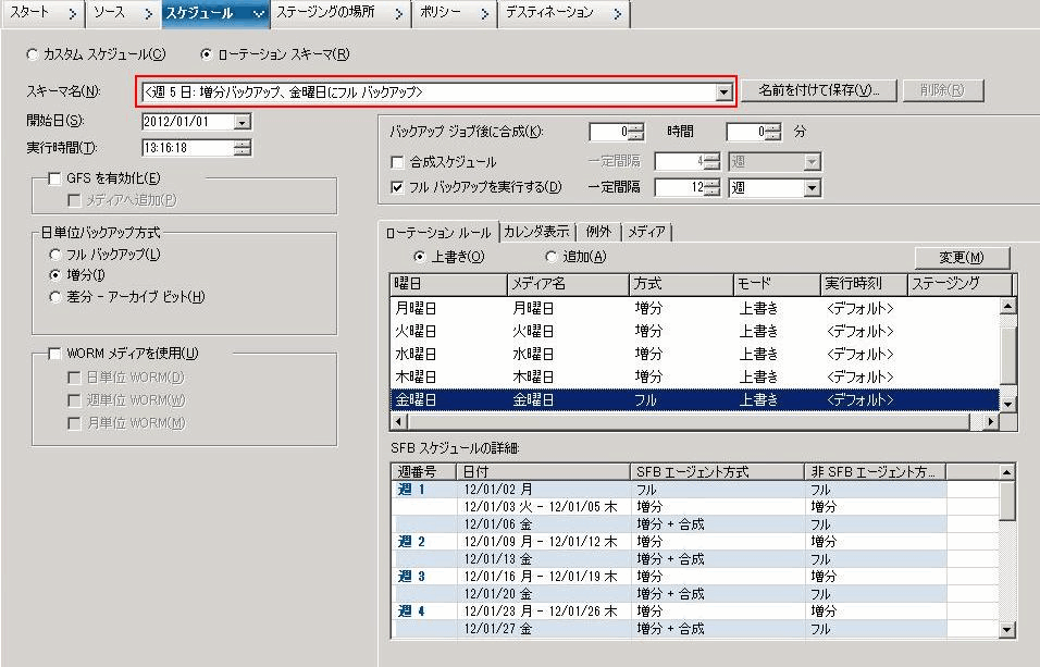 バックアップ マネージャの［スケジュール］タブ_ SFT を使ったローテーション スキーマを使用