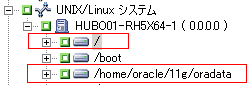バックアップ マネージャ： UNIX/Linux システム オブジェクトが展開され、サーバとその中身が表示されています。