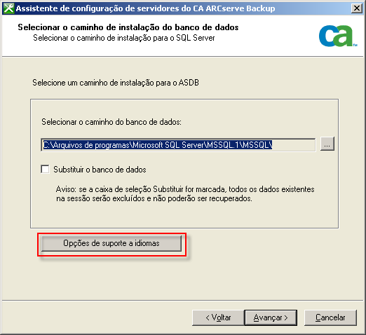 O assistente para configuração de servidores. Opções de suporte a idiomas estão em destaque.