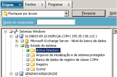 Árvore de Origem do gerenciador de restauração O Estado do sistema é expandido e Active Directory é selecionado.