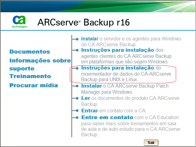 Navegador de instalação. As instruções de instalação do movimentador de dados do UNIX e Linux estão destacadas.