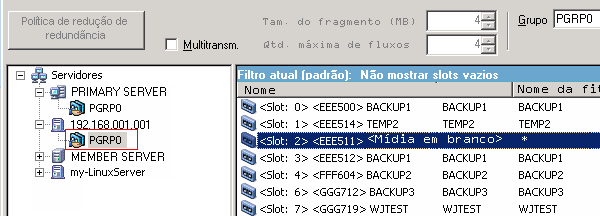 Gerenciador de backup: a guia Destino está selecionada. Um servidor do movimentador de dados do UNIX/Linux está selecionado e o destino é uma biblioteca compartilhada.