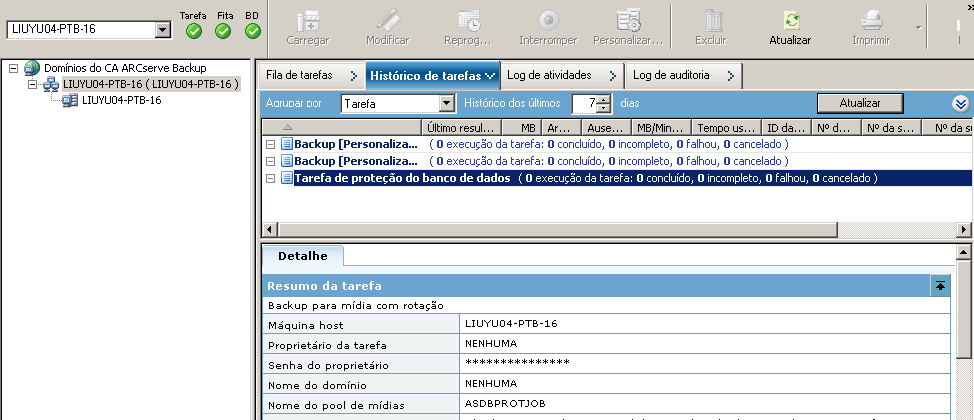 Gerenciador de status da tarefa. Um servidor do movimentador de dados está selecionado e contém o histórico de tarefas na guia Histórico de tarefas.