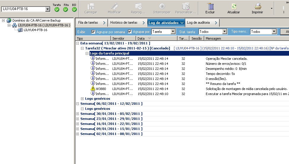 Gerenciador de status da tarefa. Um servidor do movimentador de dados está selecionado e contém detalhes da tarefa na guia Log de atividades.