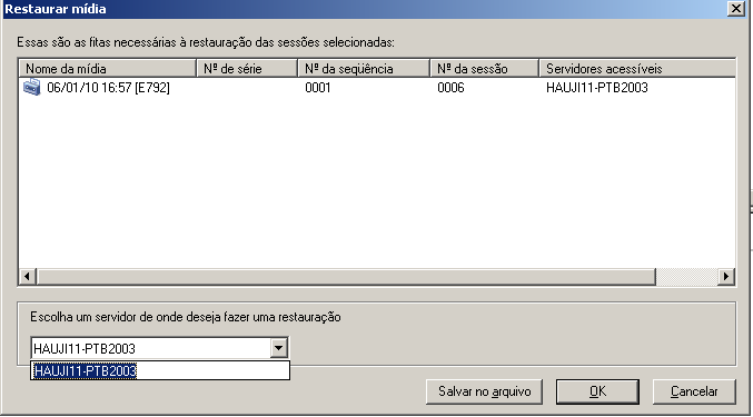Caixa de diálogo Restaurar mídia. A lista suspensa Escolha um servidor onde deseja fazer uma restauração exibe uma lista de servidores de backup.